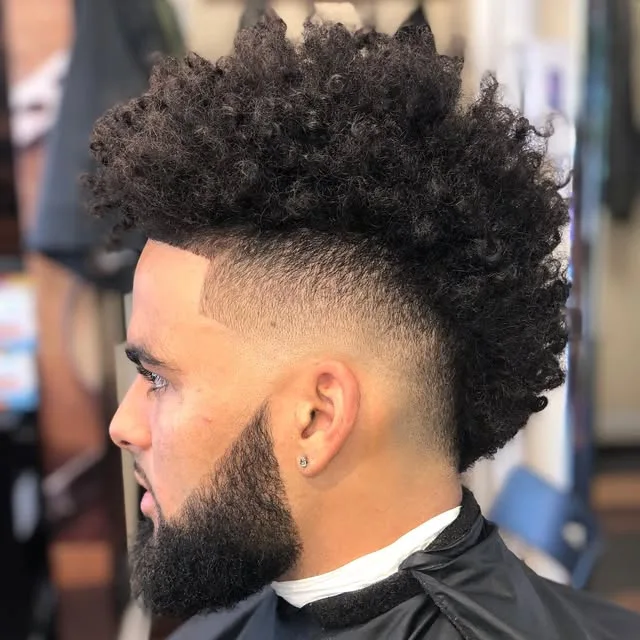 Curly top over a skin fade with a full beard